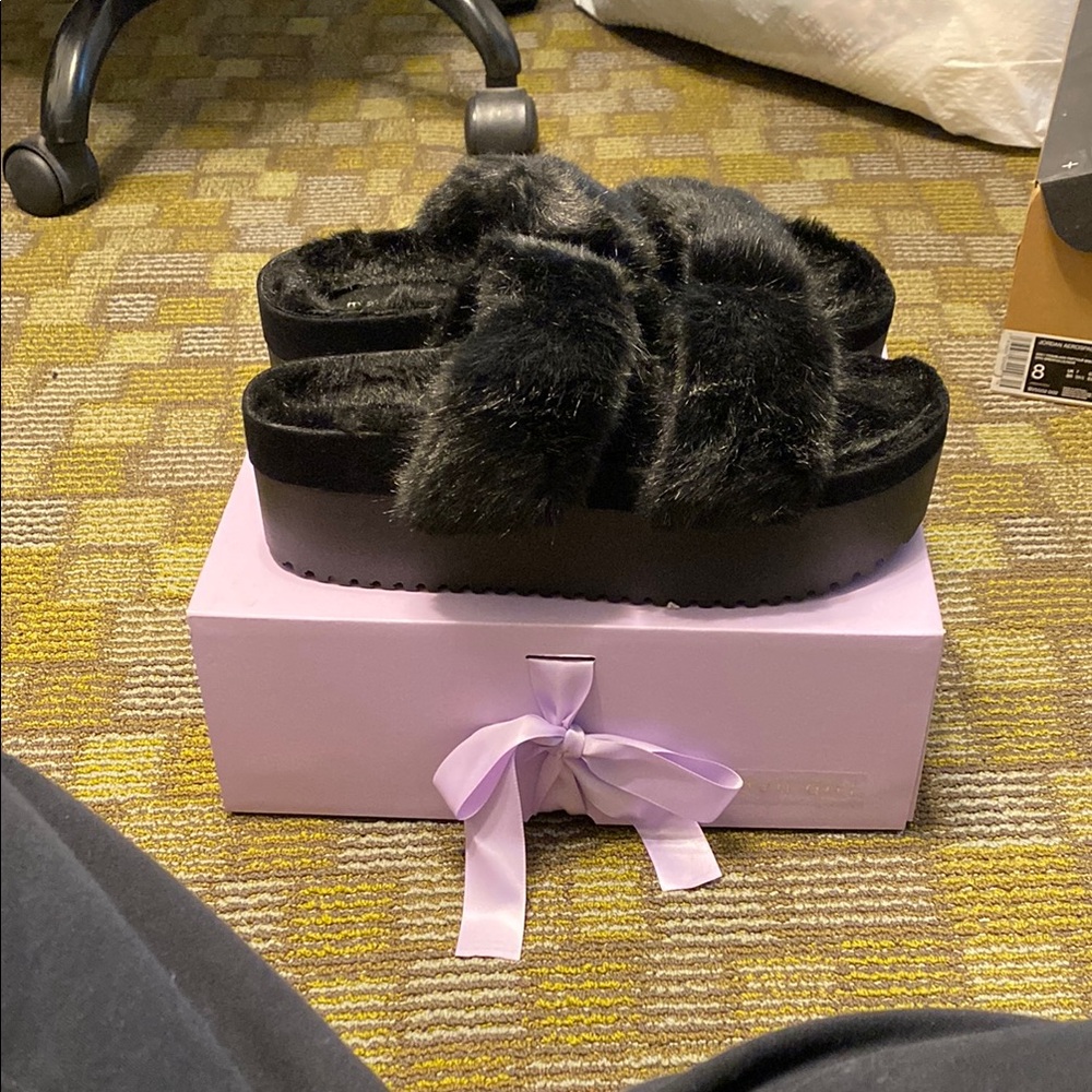 Madden Girl Black Faux Fur Slippers